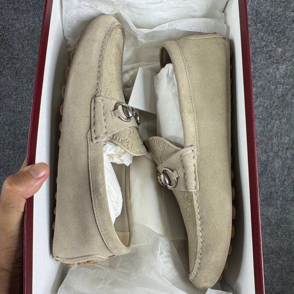 Gucci Loafers Mens Size 8 Beige Suede Horsebit GG Monogram Driving Shoes Italy